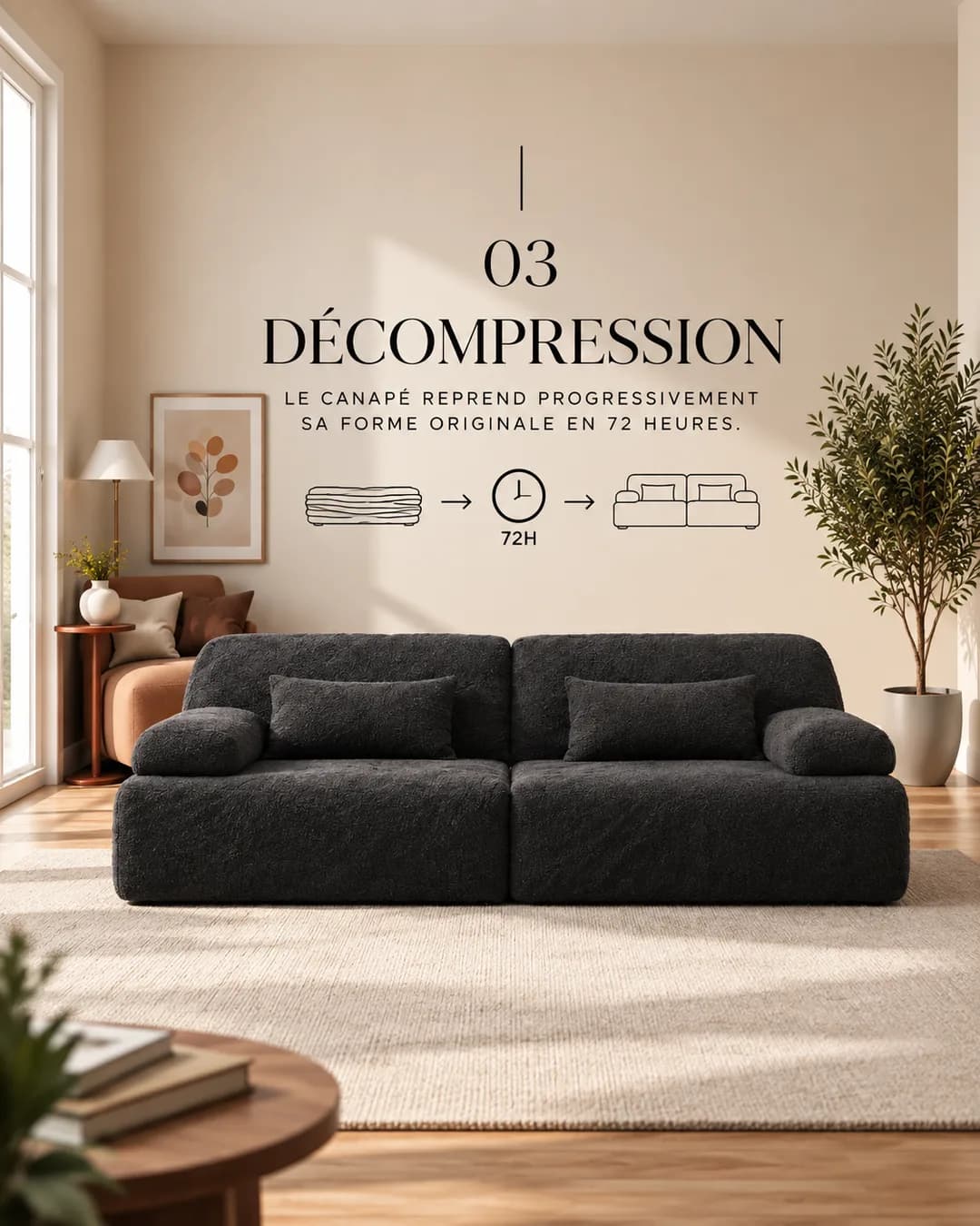03 — Décompression. Le canapé reprend progressivement sa forme originale en 72 heures.